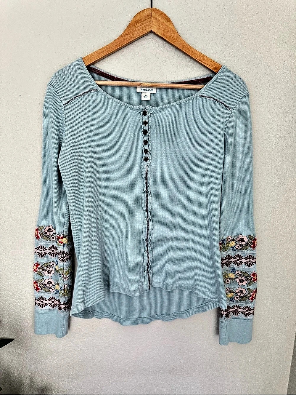 Sundance Blue Waffle Thermal Henley Medium Embroidered Cuffs Boho Cotton